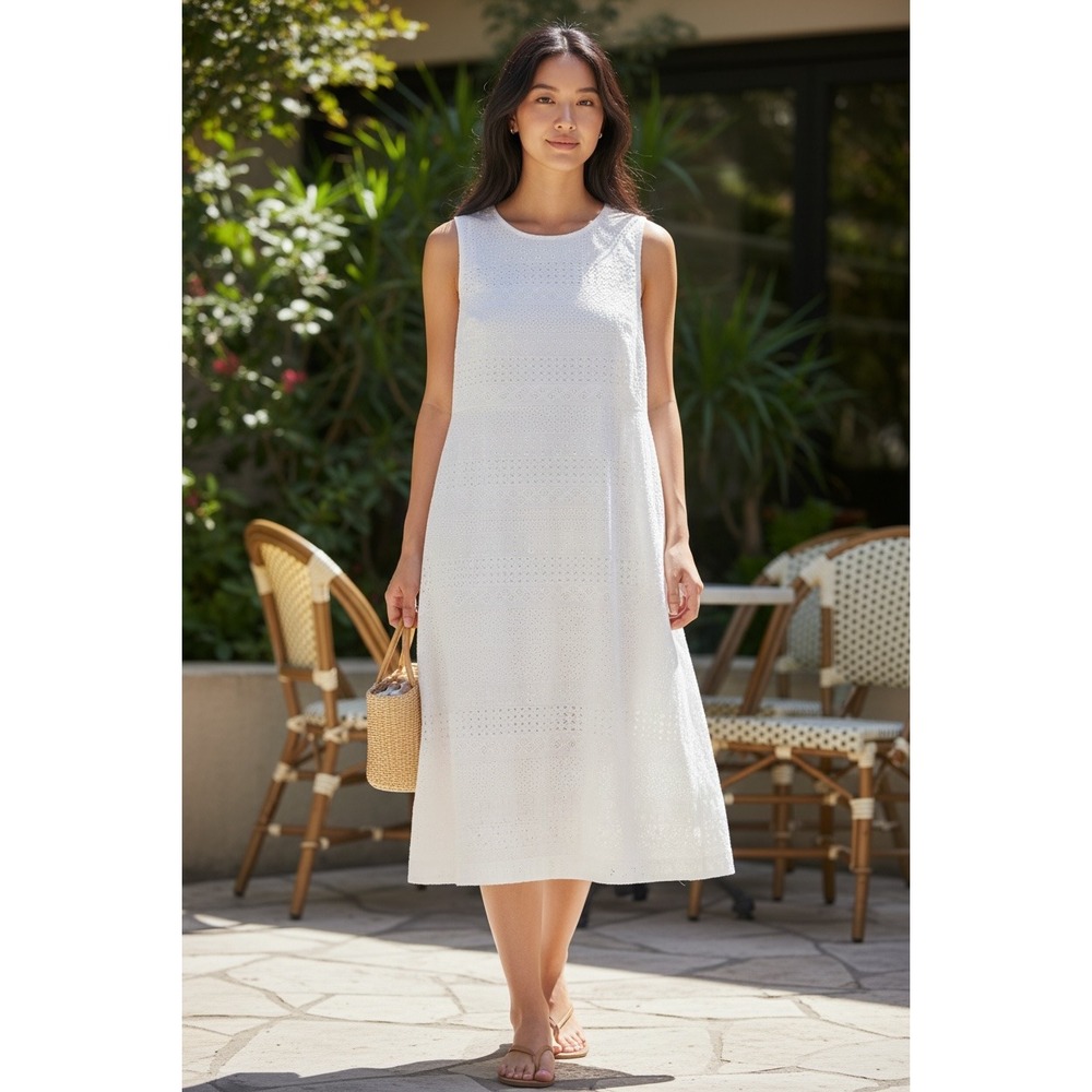 LL Bean 100% Cotton Dress Sheath Midi Back Zippper Eyelet Fabric